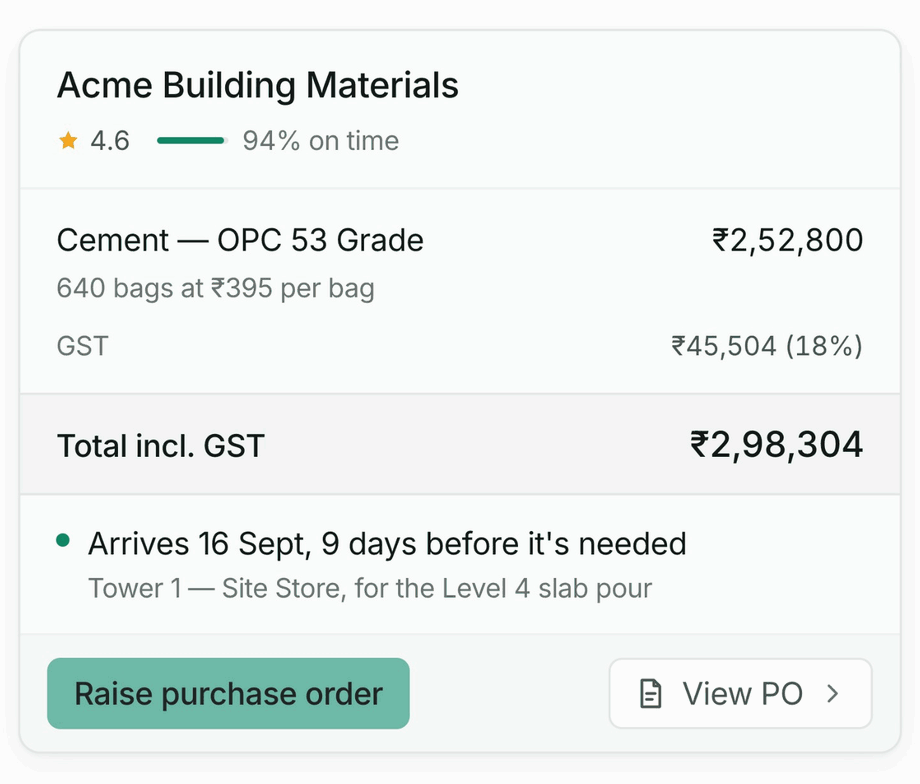 Raising a PO: One click raises it: a green wave, a tick and the PO number.