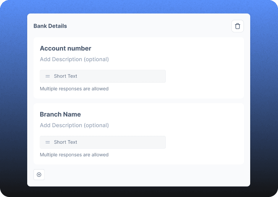 A question group for bank details