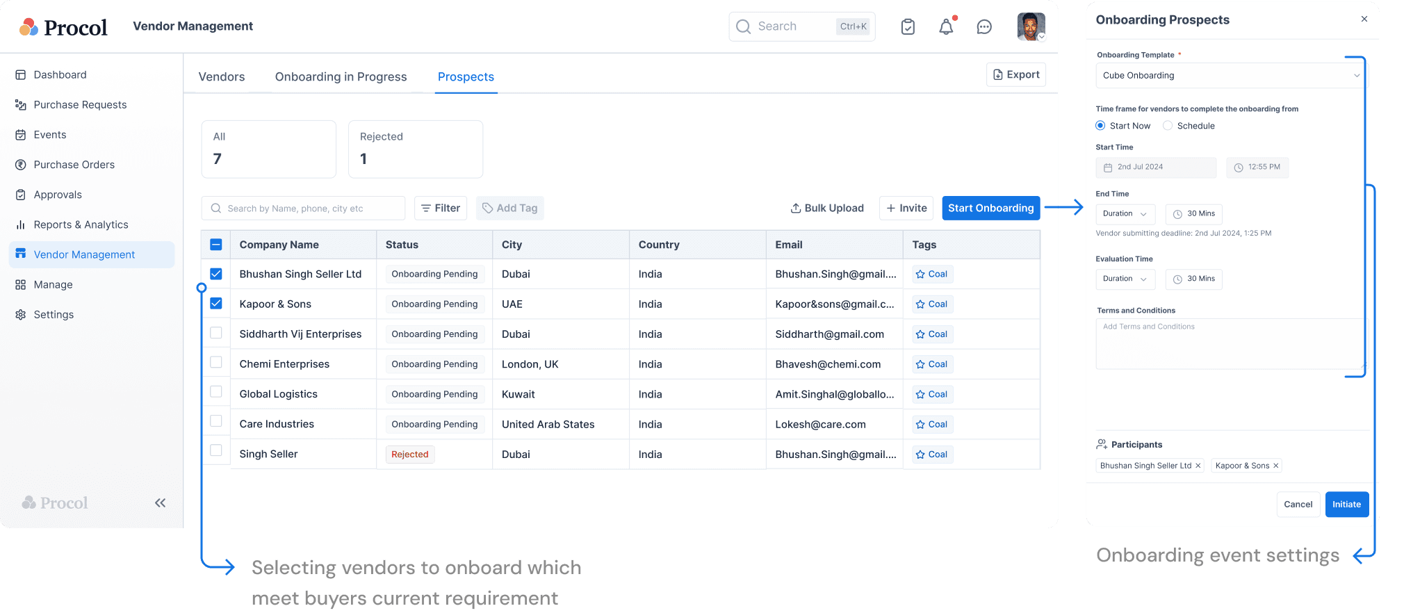 Selecting vendors to onboard from vendor management, and the onboarding event settings