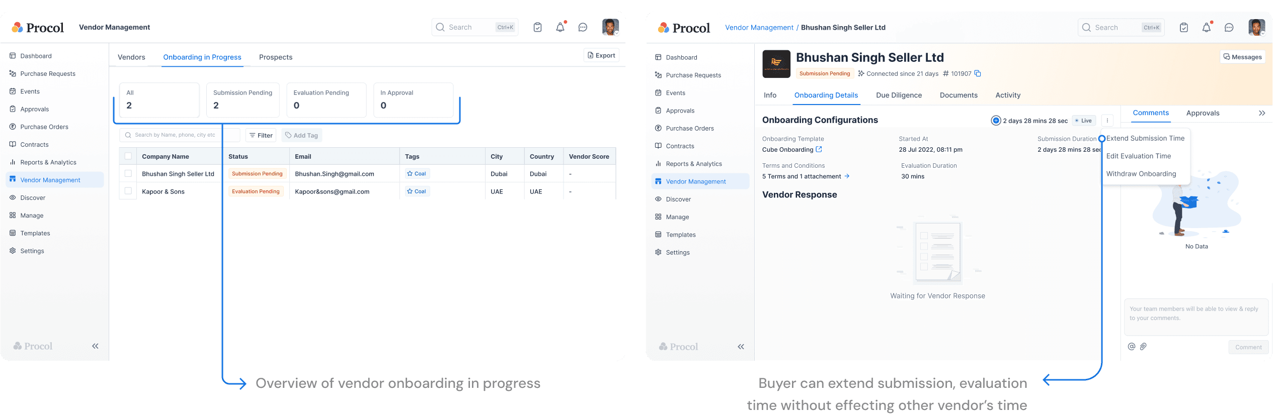 The Onboarding in Progress tab and a vendor profile