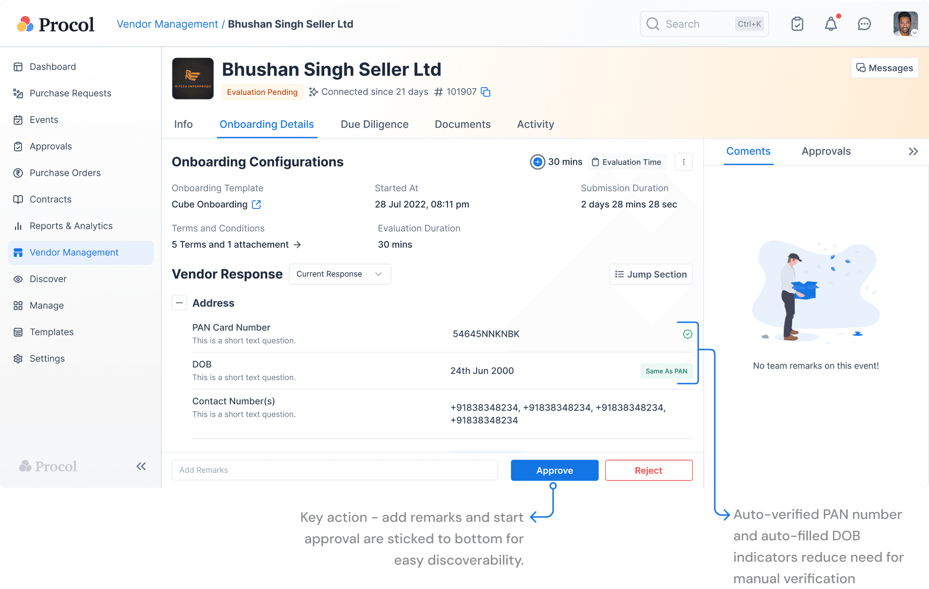 Reviewing a vendor response with key actions surfaced and auto-verified fields