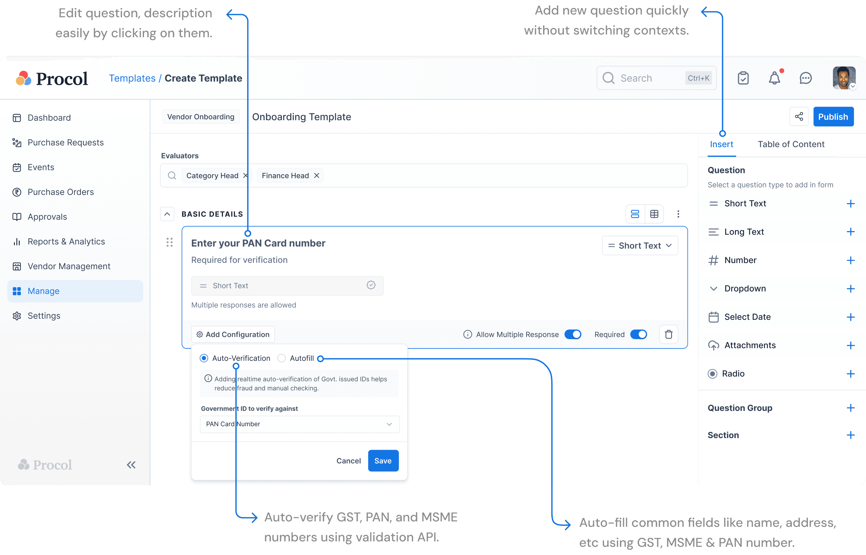 Adding auto-verification and auto-fill configuration to a question